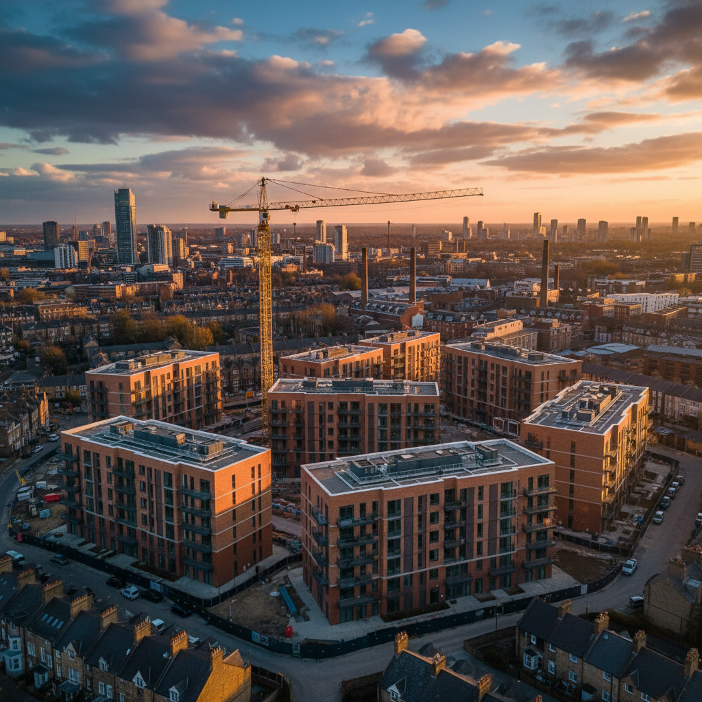 Modern UK construction development at golden hour